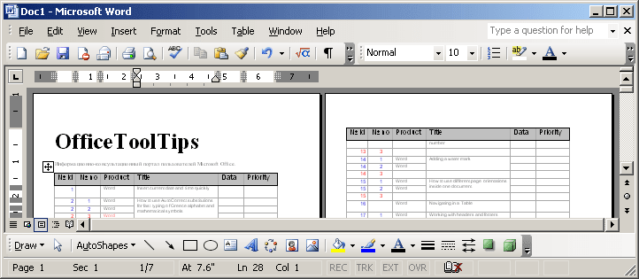 Table headings on each page Word 2003
