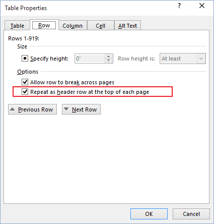 Table Properties Word 2016