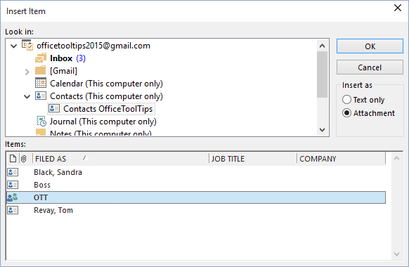 Insert Item in Outlook 2016