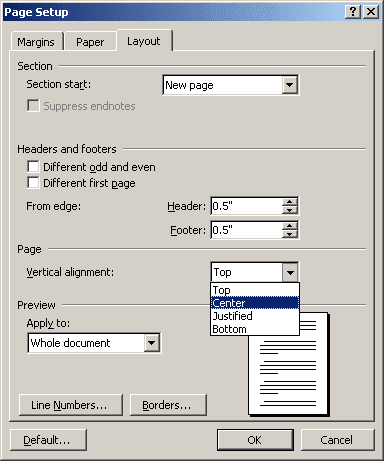 Page Setup in Word 2003