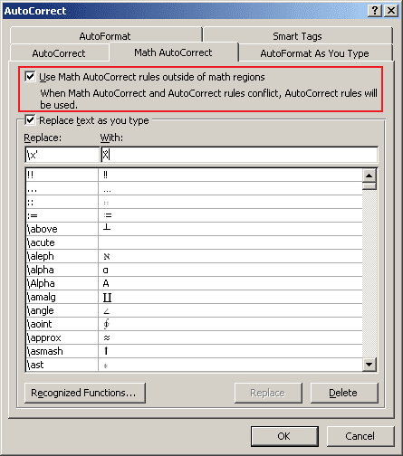 Math AutoCorrect in Word 2007