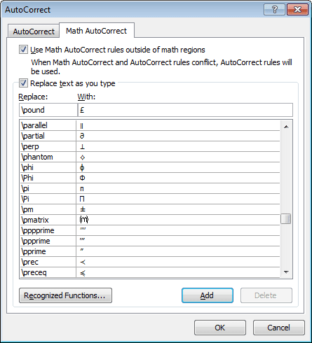 Math AutoCorrect in Word 2010