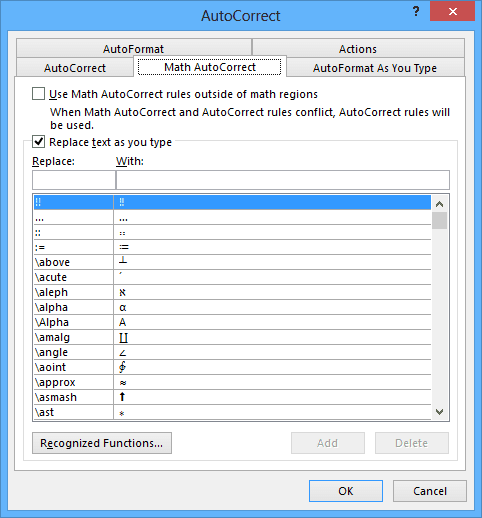 Math AutoCorrect in Word 2013