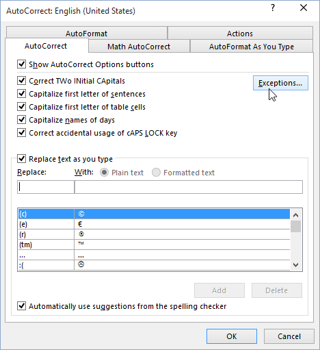 AutoCorrect Exceptions in Office 2016