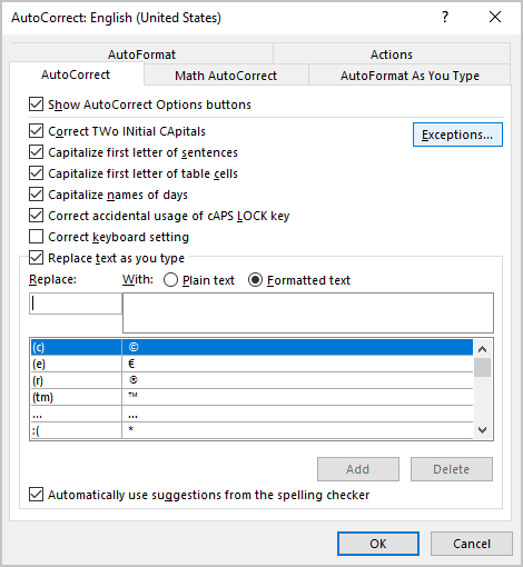 AutoCorrect Exceptions in Office 365