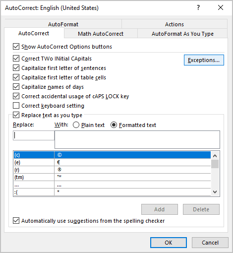 AutoCorrect Exceptions in Microsoft 365 AutoCorrect Exceptions in Office 365