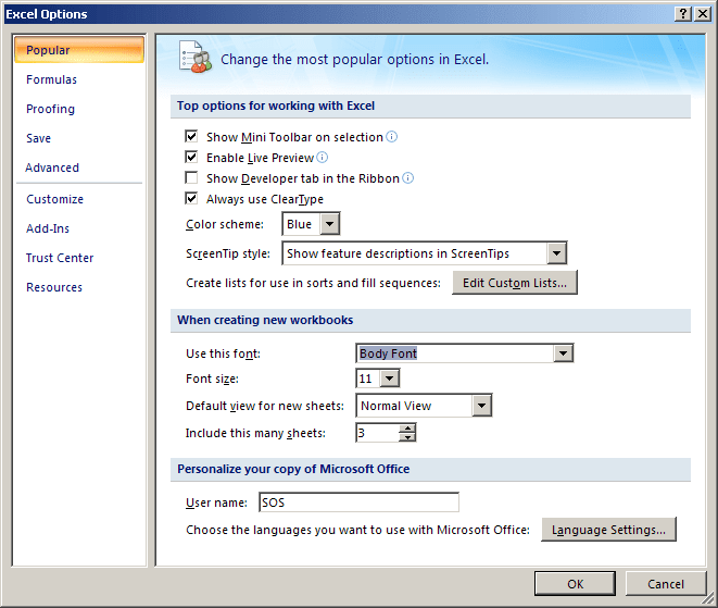 Default font options in Excel 2007