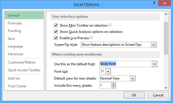Default font options in Excel 2013