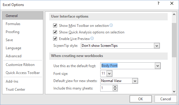 Default font options in Excel 2016 Default font options in Excel 2016