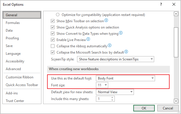 Default font options in Excel for Microsoft 365 Default font options in Excel 365