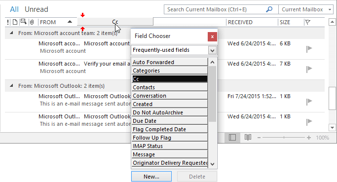 Add columns using Field Chooser in Outlook 365