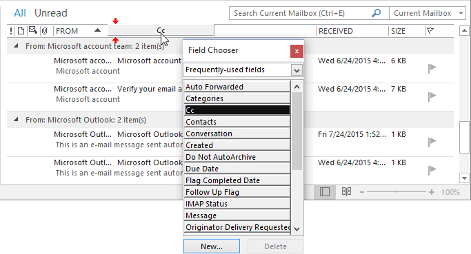 Field Chooser in Outlook 2016 Add columns using Field Chooser in Outlook 2016
