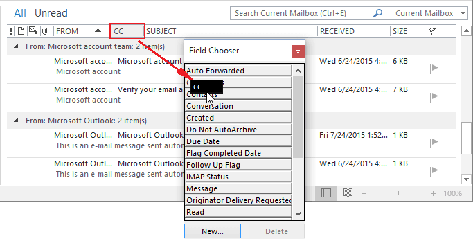 Remove columns using Field Chooser in Outlook 365