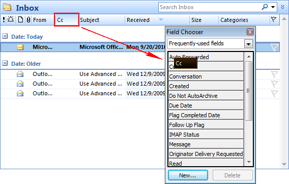 Remove columns using Field Chooser in Outlook 2007