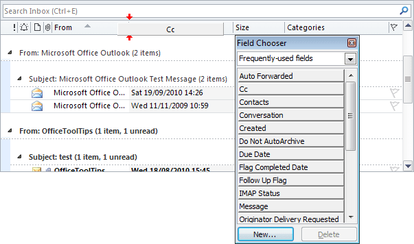Add columns using Field Chooser in Outlook 2010