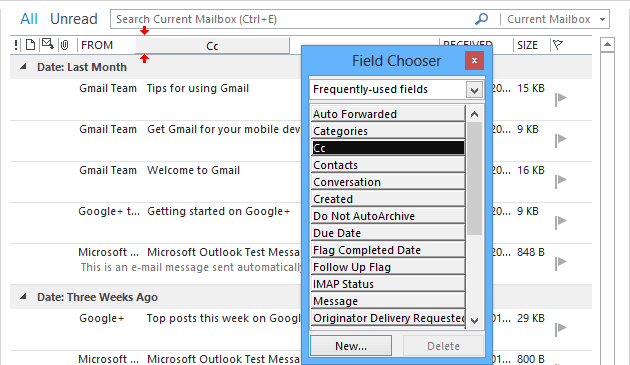 Add columns using Field Chooser in Outlook 2013