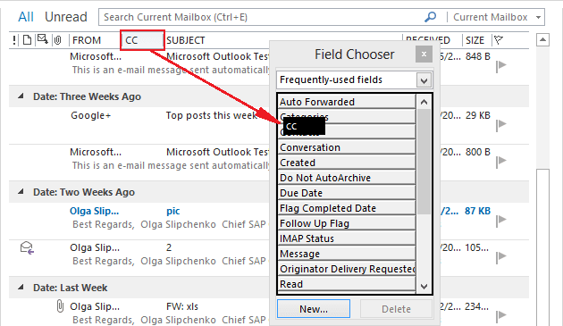 Remove columns using Field Chooser in Outlook 2013
