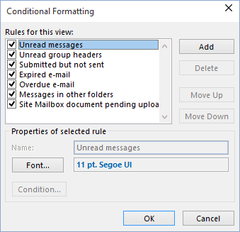 Conditional Formatting in Outlook 2016 Conditional Formatting in Outlook 2016