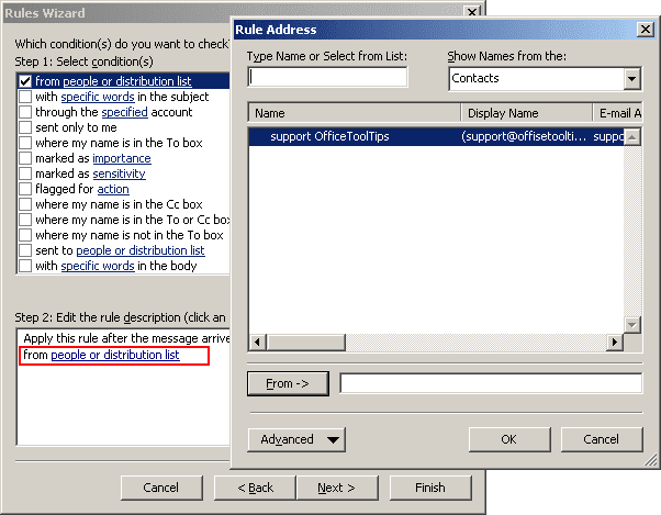 Rules Wizard Step 2 in Outlook 2003