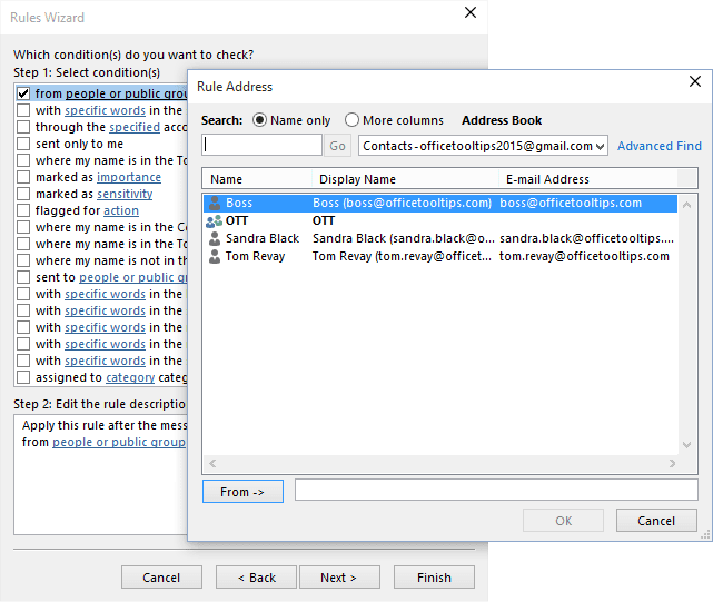 Rules Wizard Step 2 in Outlook 2016