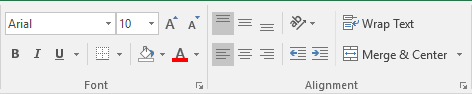 Text editing groups in Excel 2016