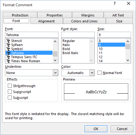 Format Comment in Excel 2016