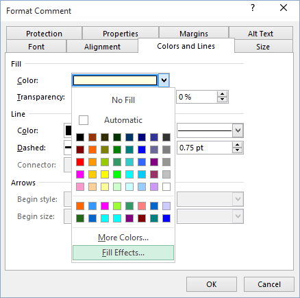 Comment color in Excel 2016