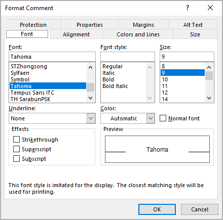 Format Comment in Excel 365