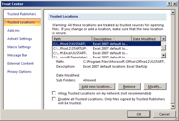 Trast Center Locations in Excel 2007