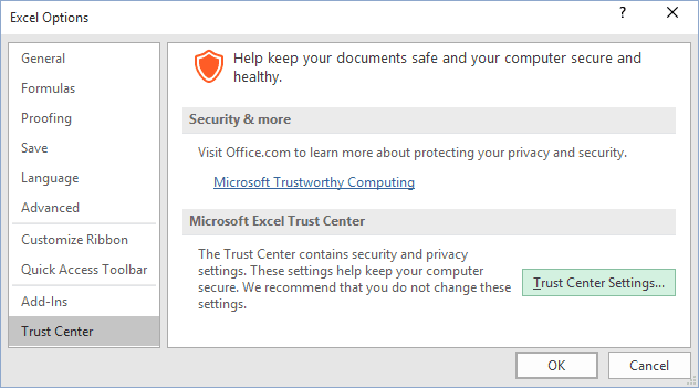 Trast Center in Excel 2016 Options
