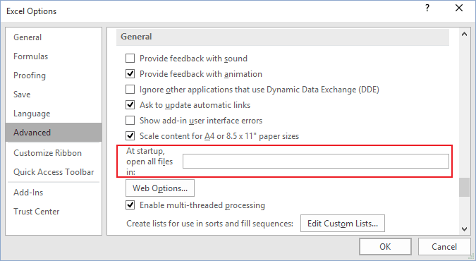 Start Up Location in Excel 2016