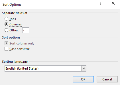 Sort options in Word 2016