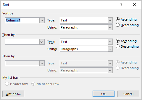 Sort table in Word 365