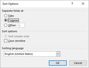 Sort options in Word 365