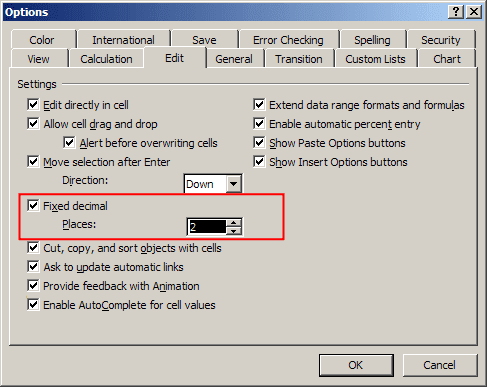 options in Excel 2003