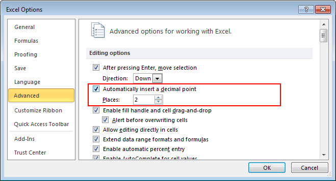 Excel 2010 decimal point options