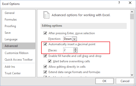 Excel 2016 decimal point options