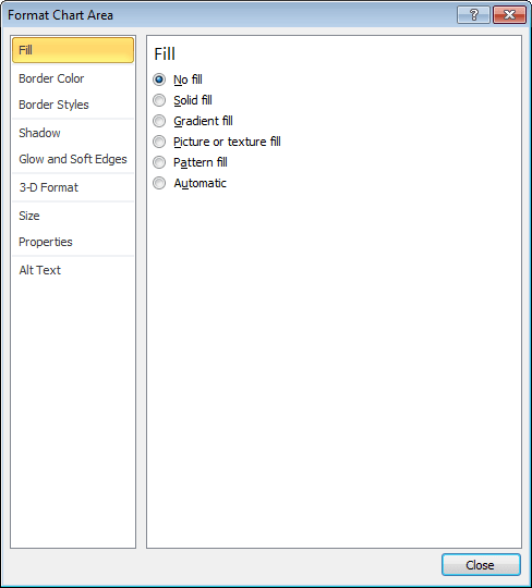 Format chart area in Word 2010