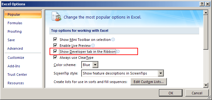 Developer tab in Excel 2007