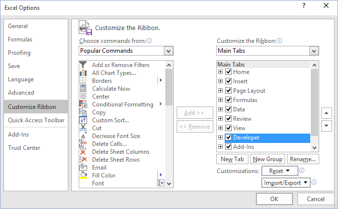 Customize Ribbon in Excel 2016
