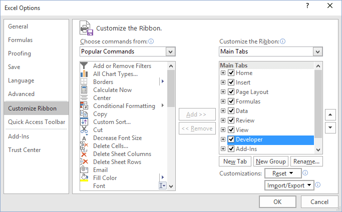 enable developer tab excel