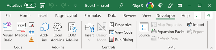 Excel 365 tab popup menu