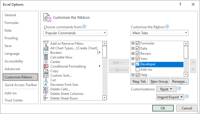 Customize Ribbon in Excel 365