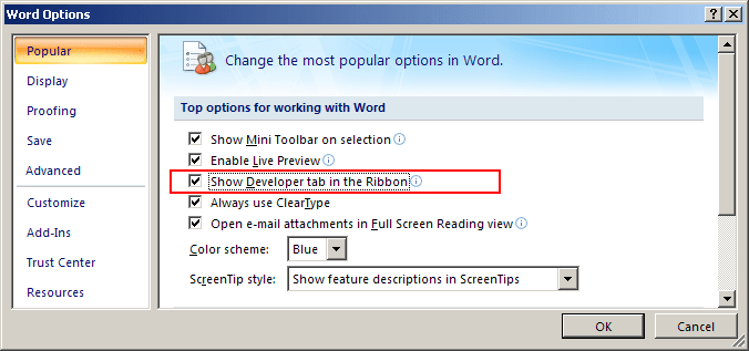 Developer tab in Word 2007