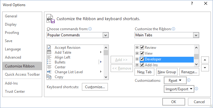 how to activate developer tab in word 2010