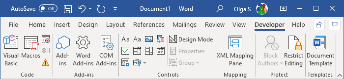 ms word developer tab