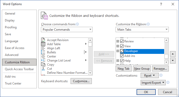 Customize the Ribbon in Word 365