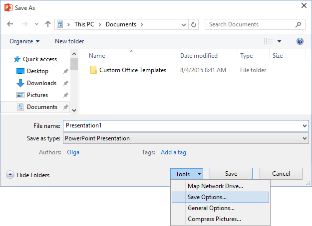 Save options in PowerPoint 2016