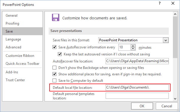 Autosaving path in PowerPoint 2016 Autosaving path in PowerPoint 2016
