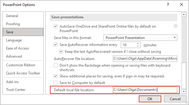 Autosaving path in PowerPoint 365